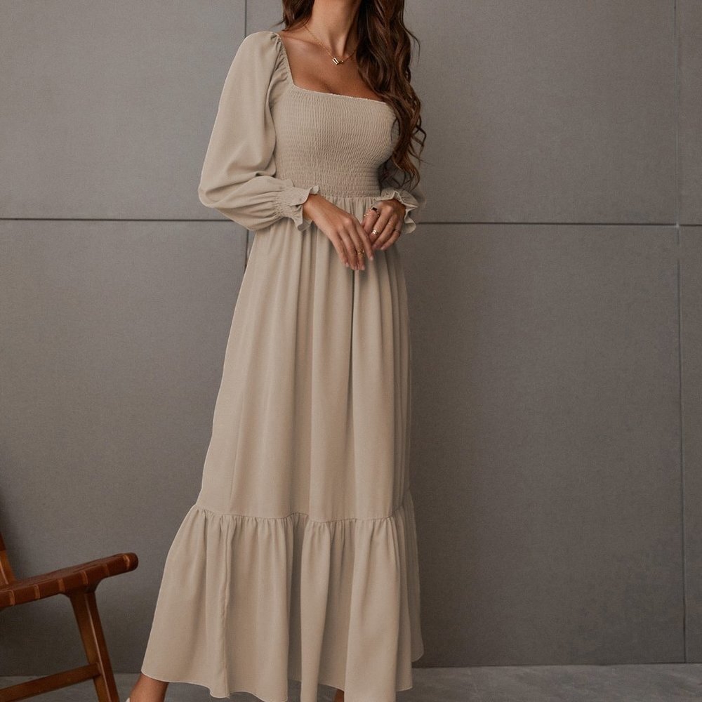 Khaki Boho Womens Square Neck Shirred Ruffle Hem Dress - Picture 3 of 5